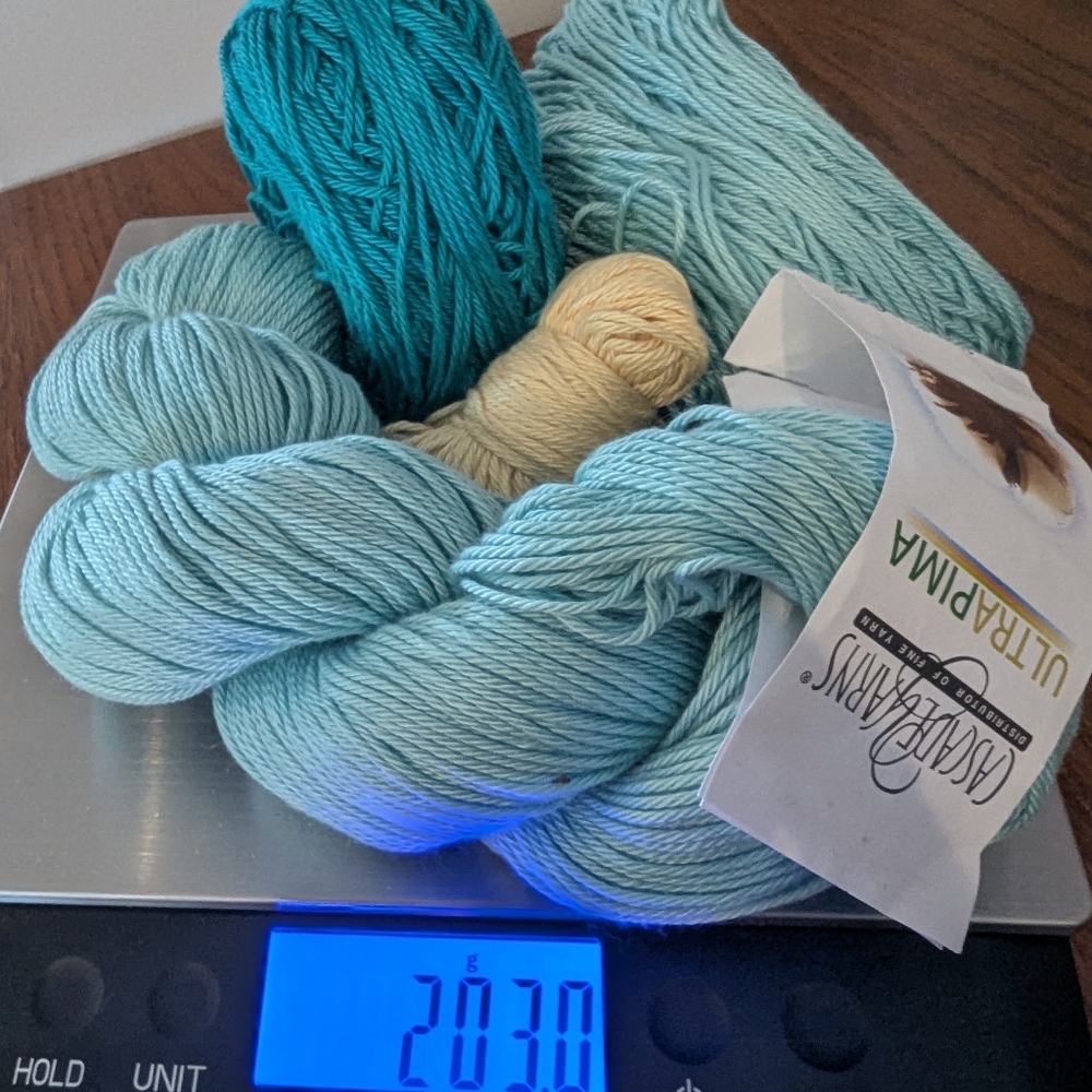 Cascade Ultra Pima Cotton Yarn Bundle 203 Grams Teal Blue, Ice Blue Yellow